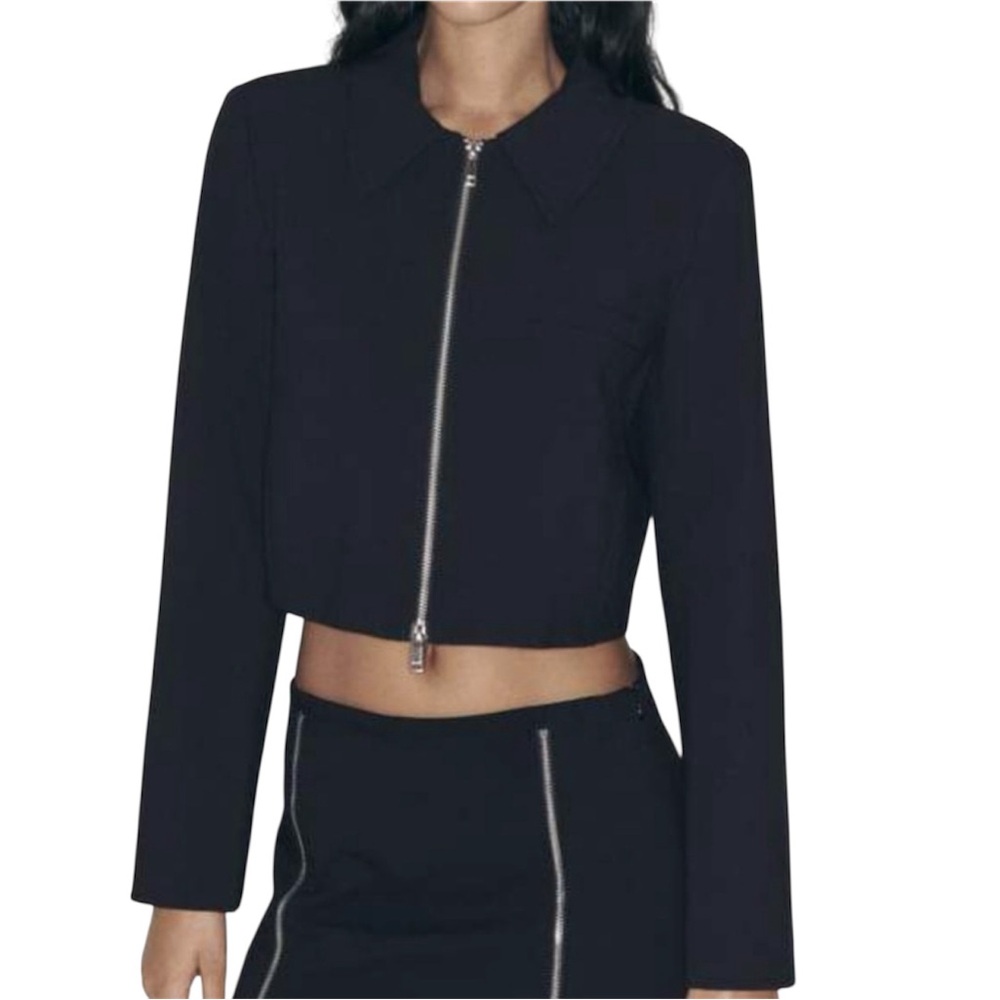 Zara Cropped Zippered Blazer Jacket Medium NWT Black Minimalist
